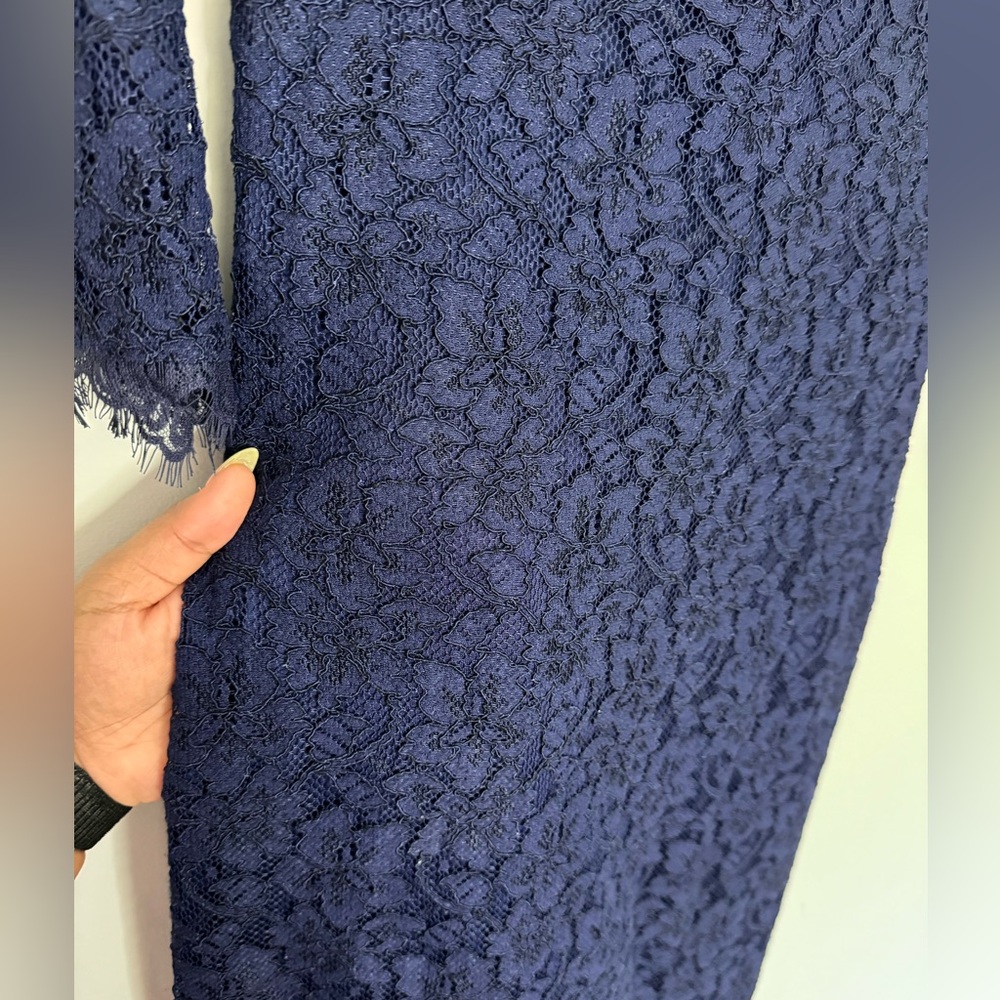 Diane Von Furstenberg Dress Blue Lace Narita Quarter Sleeve Back Zip Silk Midi - Picture 3 of 6